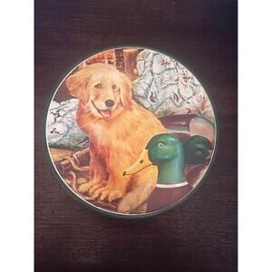 VTG Golden Retriever Puppy Dog Mallard Duck Round Tin Retro Country Decor
